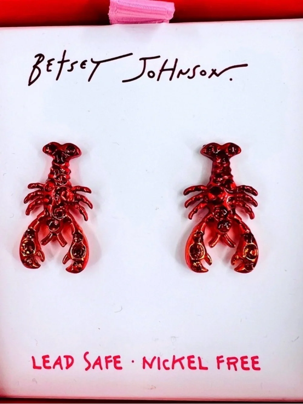 Betsey Johnson Lobster Stud Earrings Red Crystal NWT Gift Box Beachy